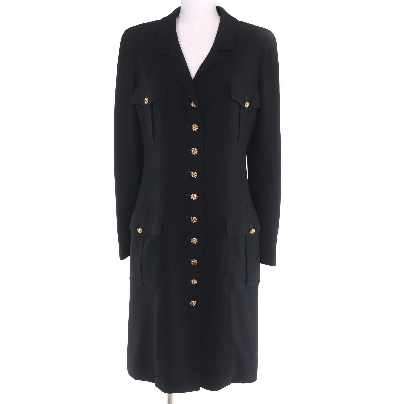 Chanel Vintage Wool Gripoix Button Long Length Jacket Black 40