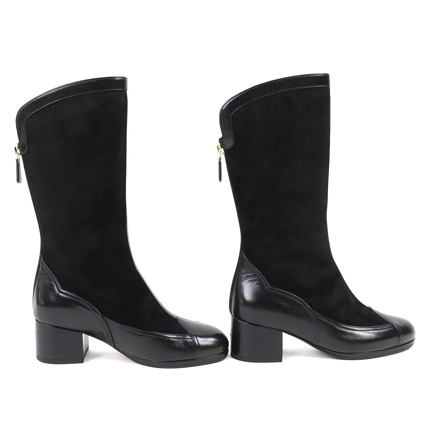 Chanel CC Logo Back Zip Suede Leather Long Boots Black 36 Leg Effect — view 4