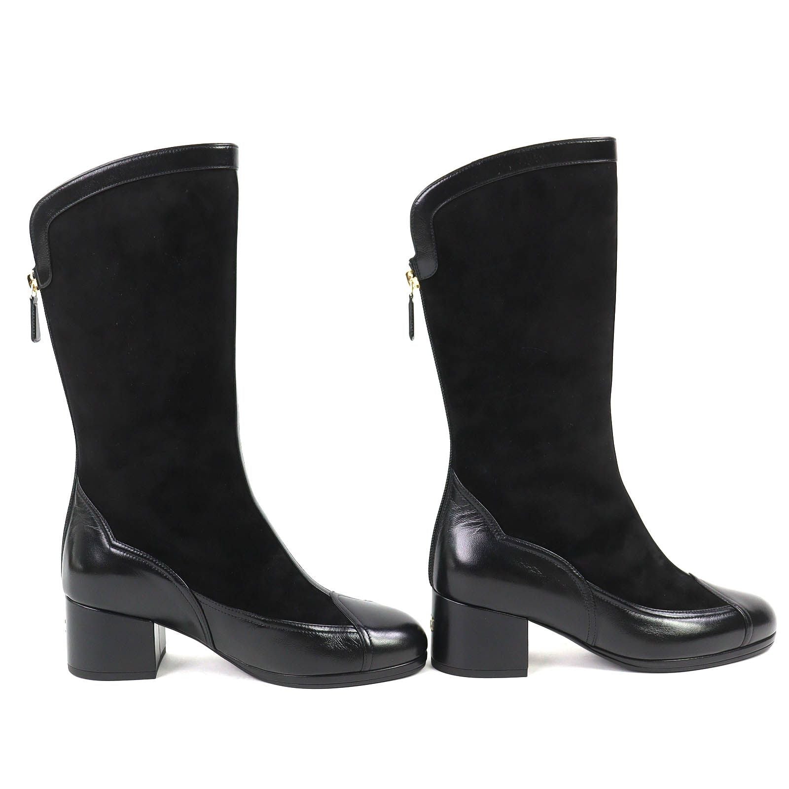 Chanel CC Logo Back Zip Suede Leather Long Boots Black 36 Leg Effect — view 4