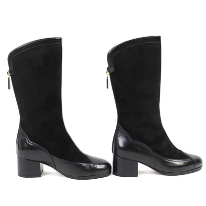 Chanel CC Logo Back Zip Suede Leather Long Boots Black 36 Leg Effect — view 4