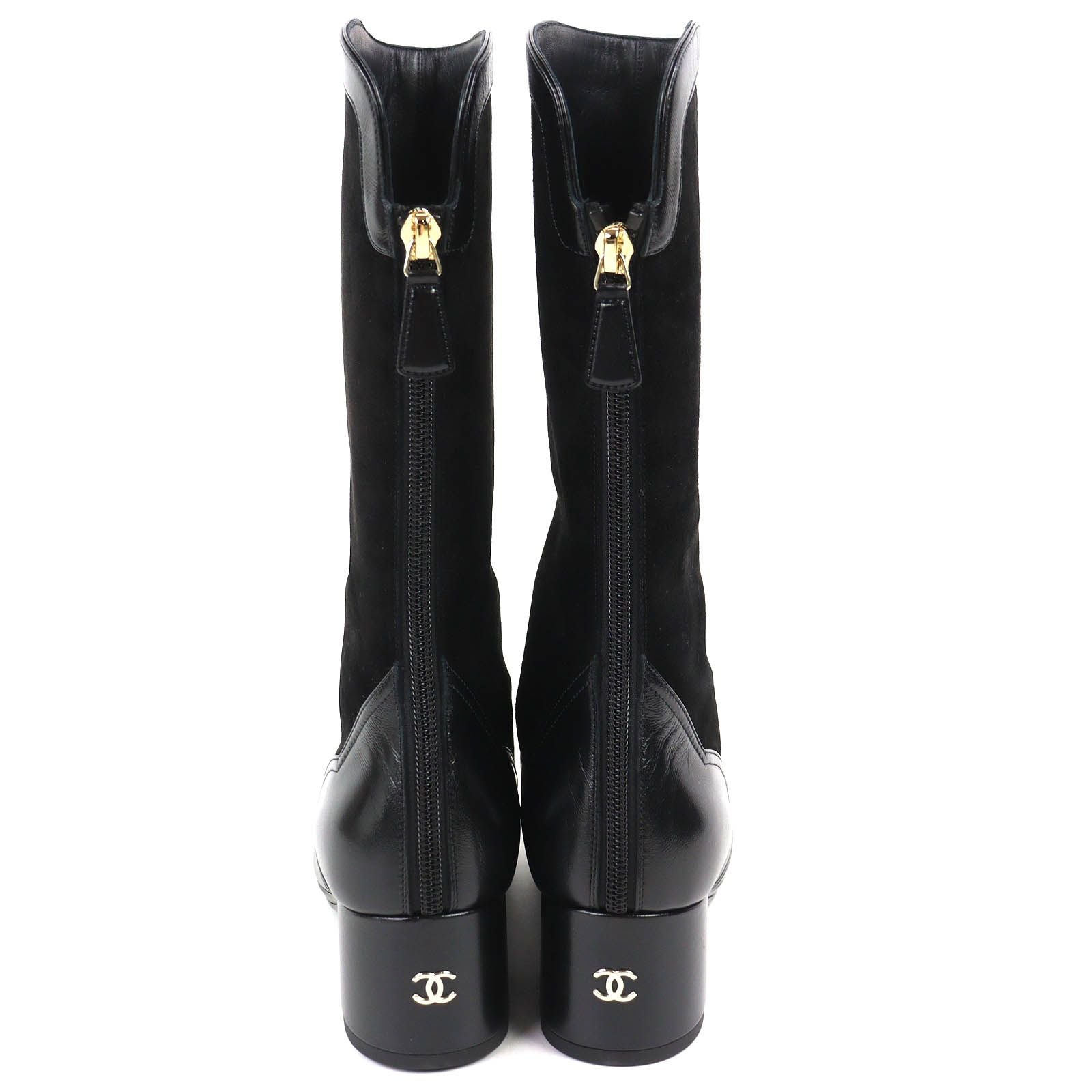 Chanel CC Logo Back Zip Suede Leather Long Boots Black 36 Leg Effect — view 5