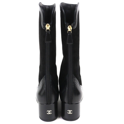 Chanel CC Logo Back Zip Suede Leather Long Boots Black 36 Leg Effect — view 5