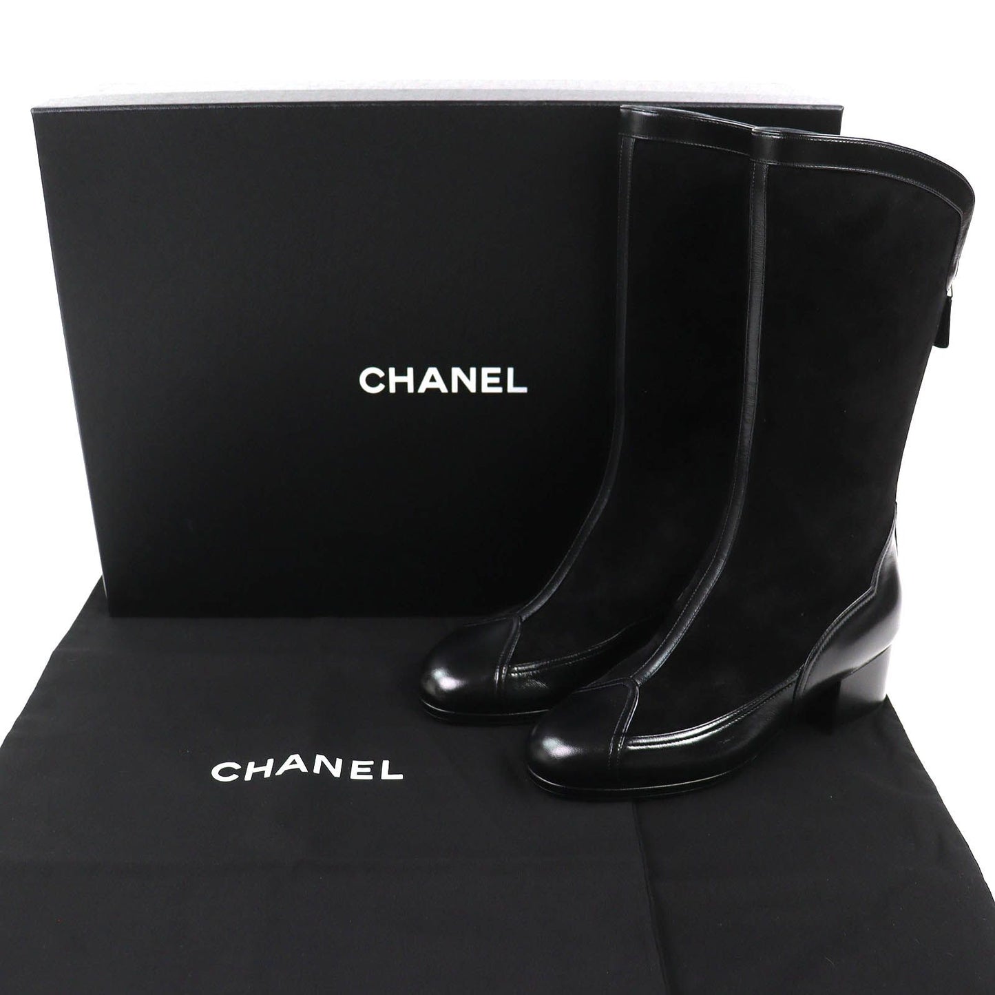 Chanel CC Logo Back Zip Suede Leather Long Boots Black 36 Leg Effect — view 2