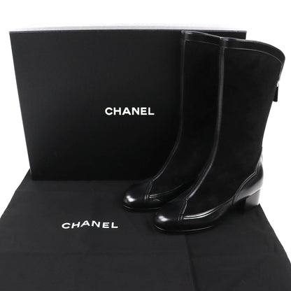 Chanel CC Logo Back Zip Suede Leather Long Boots Black 36 Leg Effect — view 2