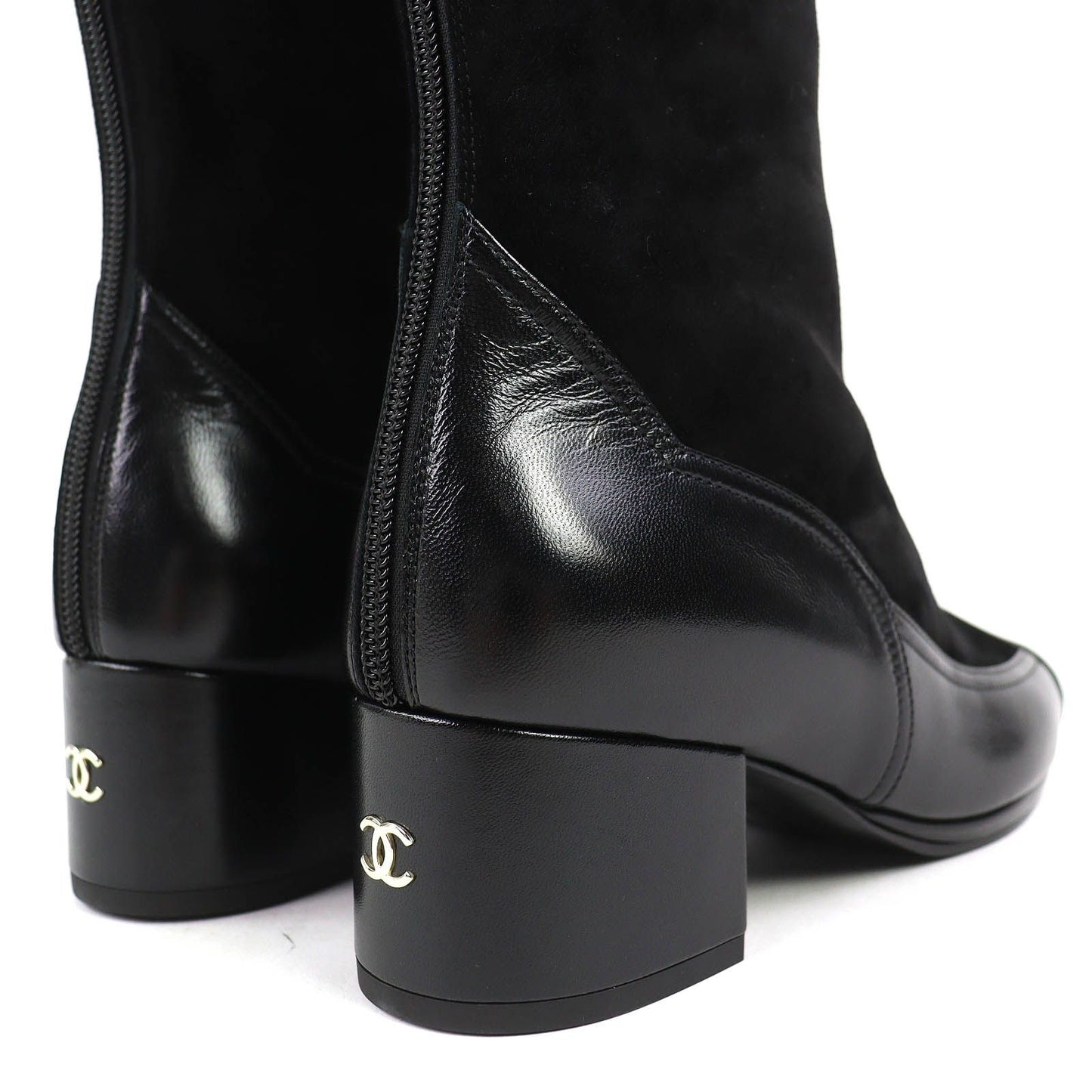 Chanel CC Logo Back Zip Suede Leather Long Boots Black 36 Leg Effect — view 7