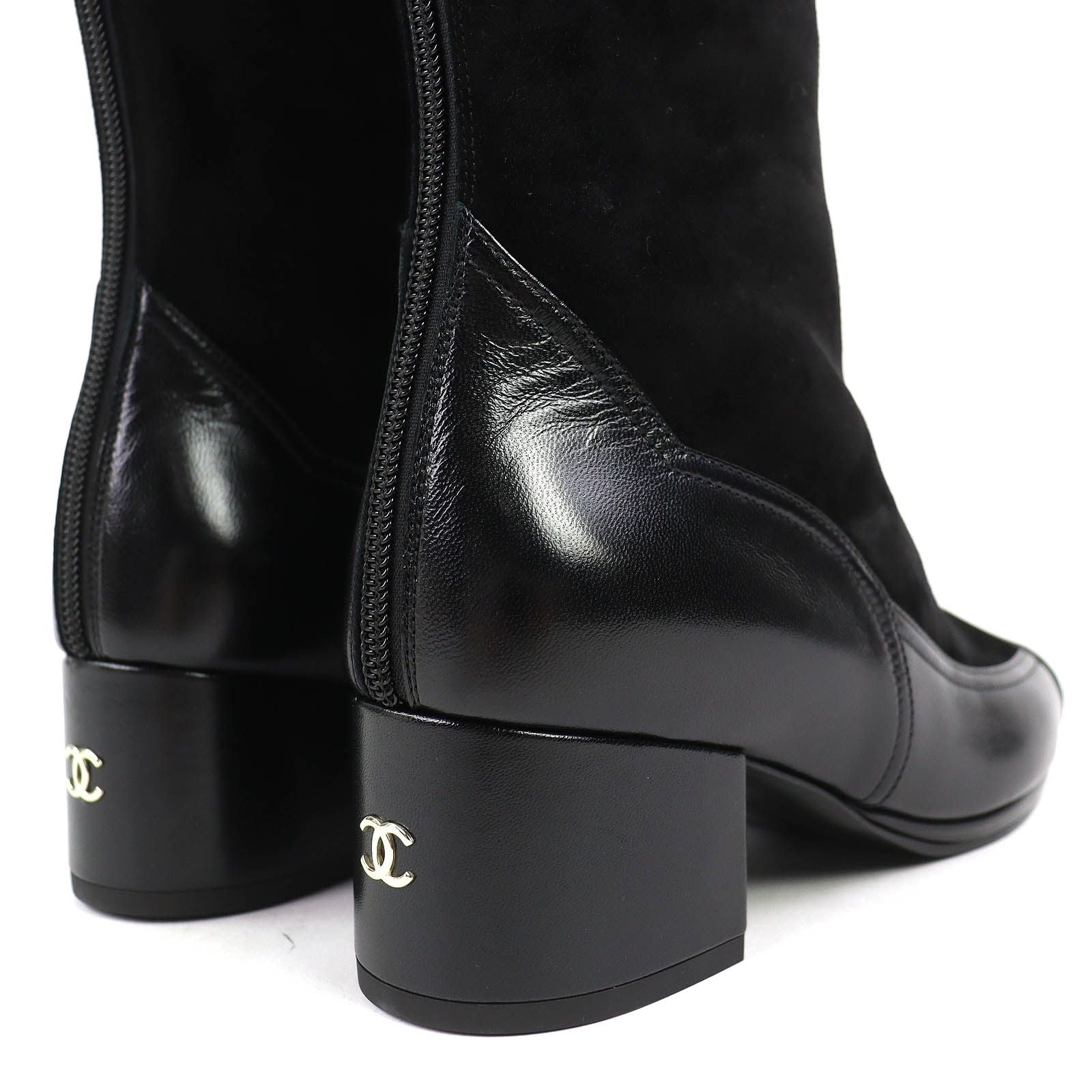 Chanel CC Logo Back Zip Suede Leather Long Boots Black 36 Leg Effect — view 7