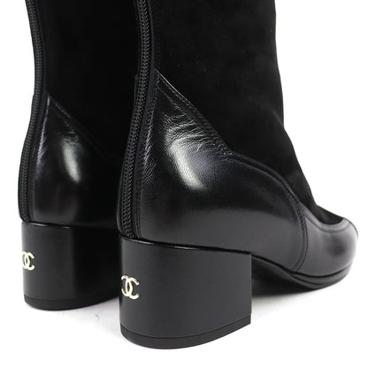 Chanel CC Logo Back Zip Suede Leather Long Boots Black 36 Leg Effect — view 7