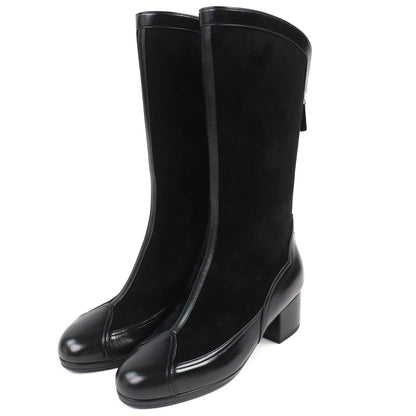 Chanel CC Logo Back Zip Suede Leather Long Boots Black 36 Leg Effect