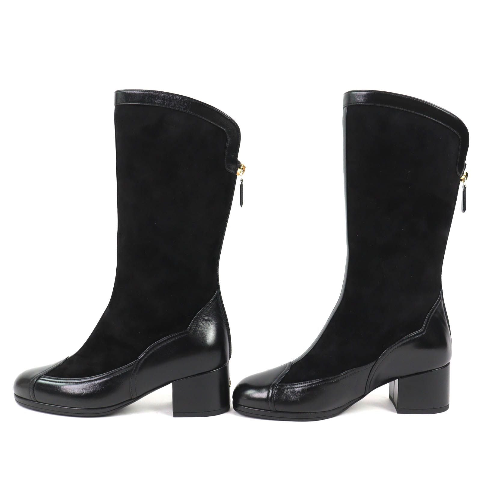Chanel CC Logo Back Zip Suede Leather Long Boots Black 36 Leg Effect — view 3