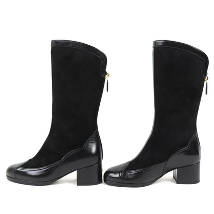 Chanel CC Logo Back Zip Suede Leather Long Boots Black 36 Leg Effect — view 3