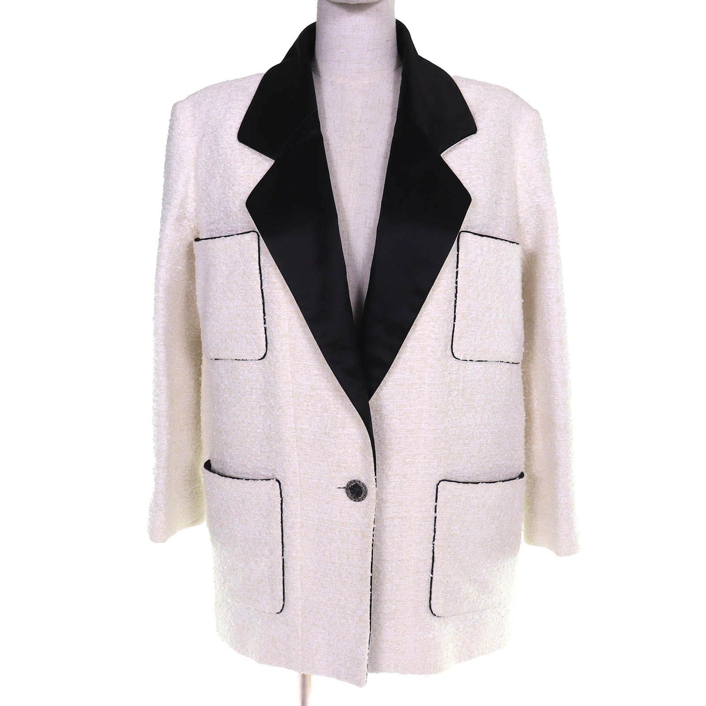 Chanel Lion Coco Button Satin Color Tweed Jacket Lining 100% Ivory Black 34