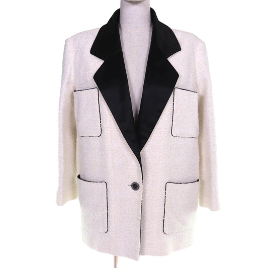 Chanel Lion Coco Button Satin Color Tweed Jacket Lining 100% Ivory Black 34