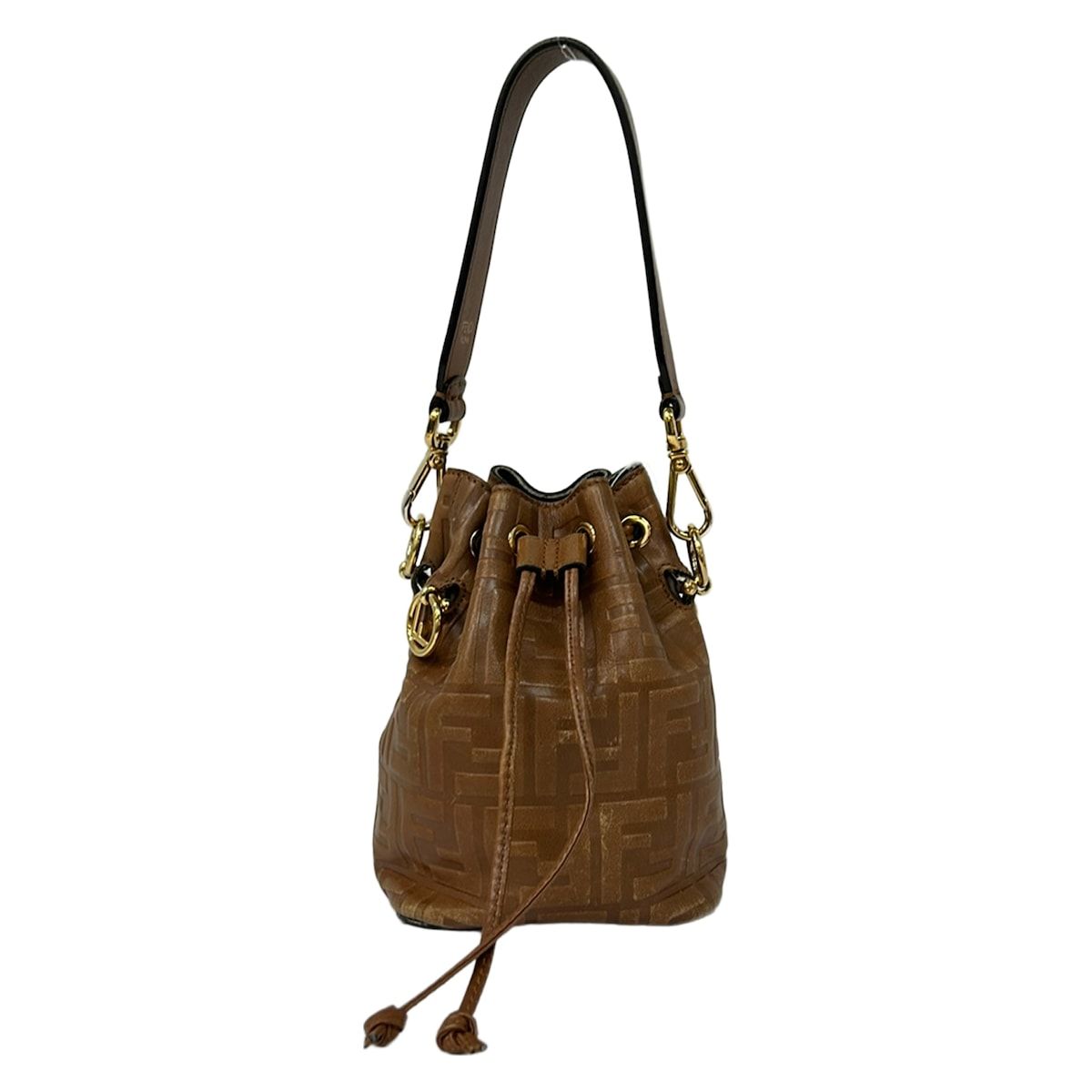 Fendi Handbag Mini Mon Tresor Zucca Pattern Brown Drawstring Embossed Leather