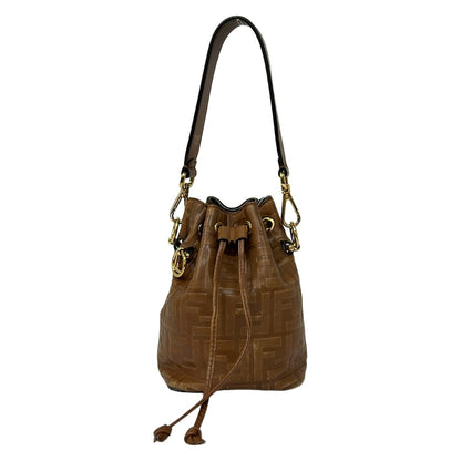 Fendi Handbag Mini Mon Tresor Zucca Pattern Brown Drawstring Embossed Leather