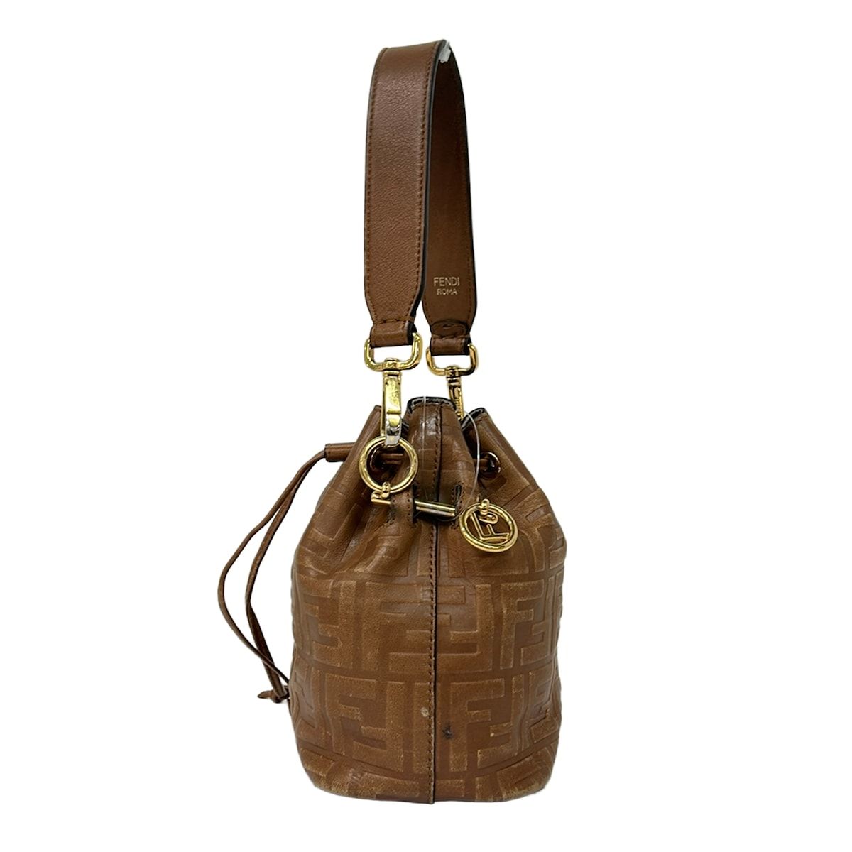 Fendi Handbag Mini Mon Tresor Zucca Pattern Brown Drawstring Embossed Leather — view 4