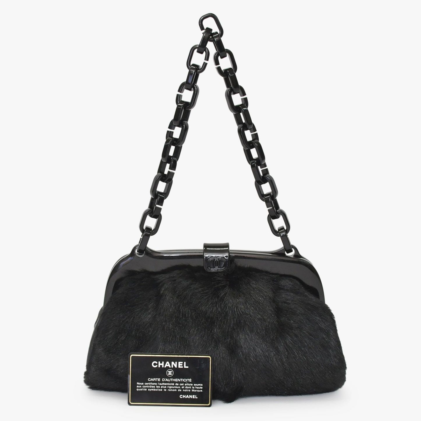 Chanel Plastic Chain Bag CC Logo Goat Fur Leather Black