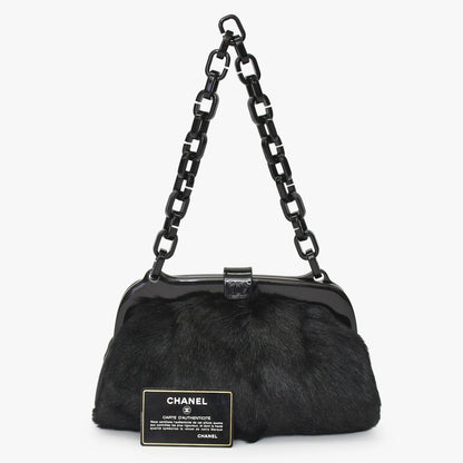 Chanel Plastic Chain Bag CC Logo Goat Fur Leather Black