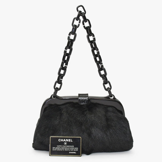 Chanel Plastic Chain Bag CC Logo Goat Fur Leather Black