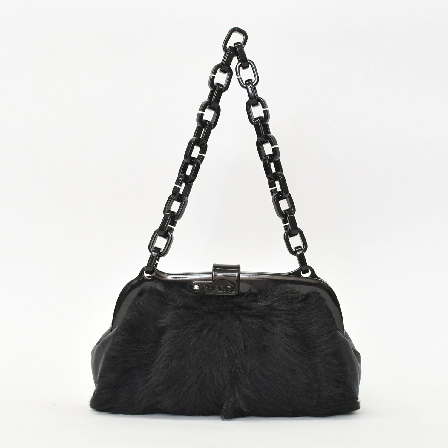 Chanel Plastic Chain Bag CC Logo Goat Fur Leather Black — view 4