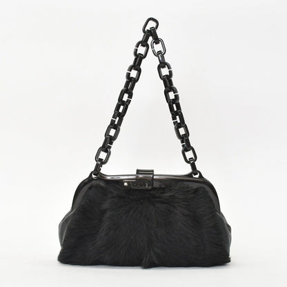 Chanel Plastic Chain Bag CC Logo Goat Fur Leather Black — view 4