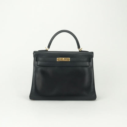 Hermes Kelly 28 Tote Shoulder Bag Box Calf Noir Black Gold 2-Way Sellier
