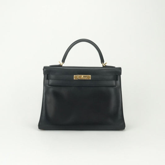 Hermes Kelly 28 Tote Shoulder Bag Box Calf Noir Black Gold 2-Way Sellier