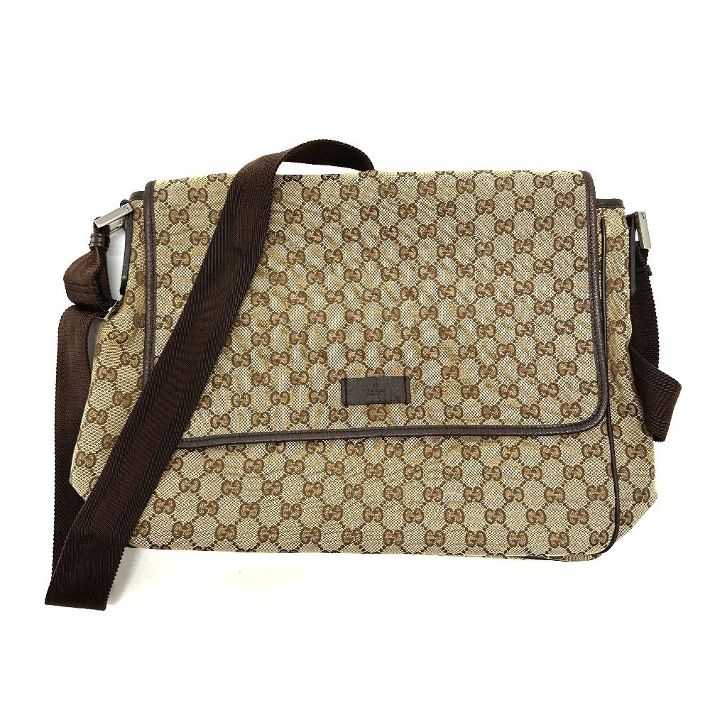 Gucci Shoulder Bag Logo Leather Plate GG Canvas Beige