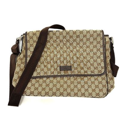 Gucci Shoulder Bag Logo Leather Plate GG Canvas Beige