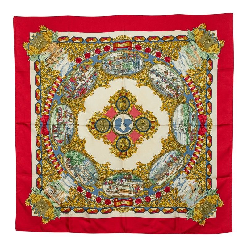 Hermes Carre 90 L'entente Cordiale Franco British Alliance Scarf Multicolor Red