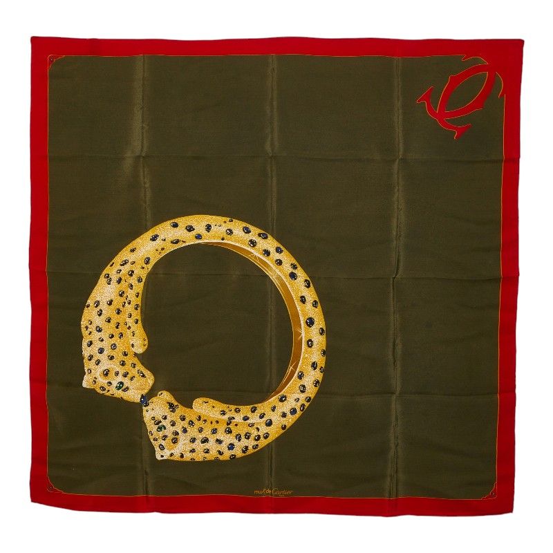Cartier Vintage Panthere Print Scarf Khaki Green Red Silk
