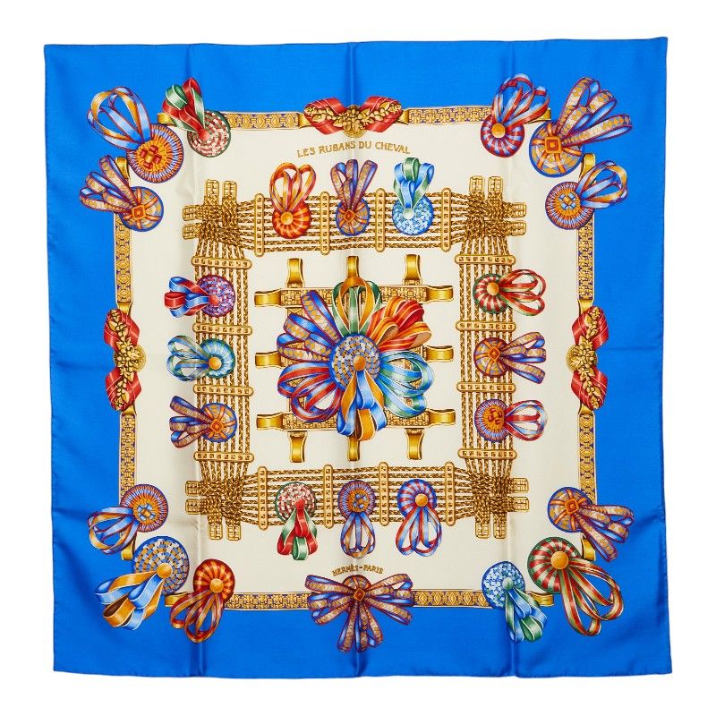 Hermes Carre 90 les Rubans du Cheval Horse Ribbon Scarf Multicolor Blue Silk