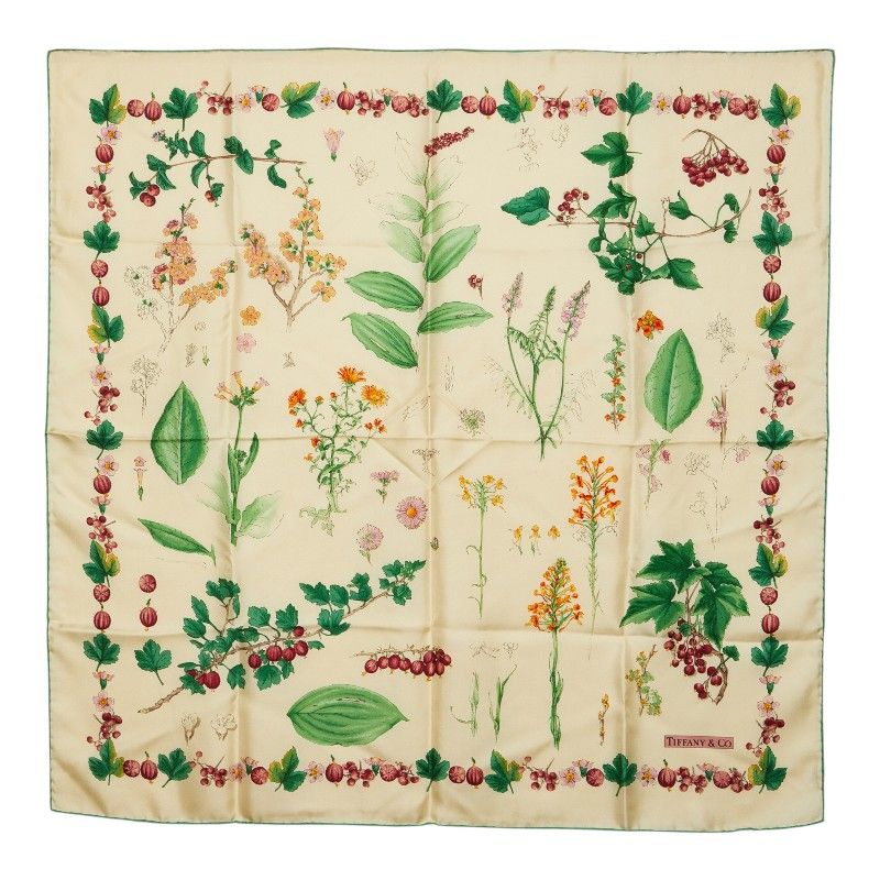 Tiffany & Co Botanical Flower Print Scarf Ivory Multicolor Silk