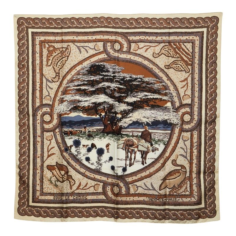 Hermes Carre 90 Sous le Gide de Mars War God Scarf Beige Multicolor Silk