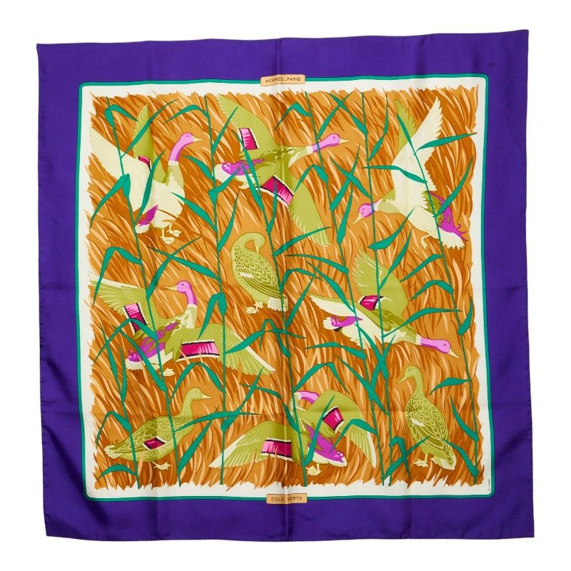 Hermes Cols Verts Mallard Duck Bird Scarf Purple Beige Silk