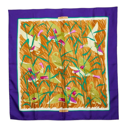 Hermes Cols Verts Mallard Duck Bird Scarf Purple Beige Silk