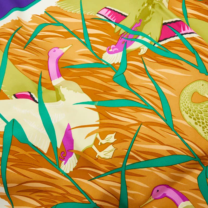 Hermes Cols Verts Mallard Duck Bird Scarf Purple Beige Silk — view 2
