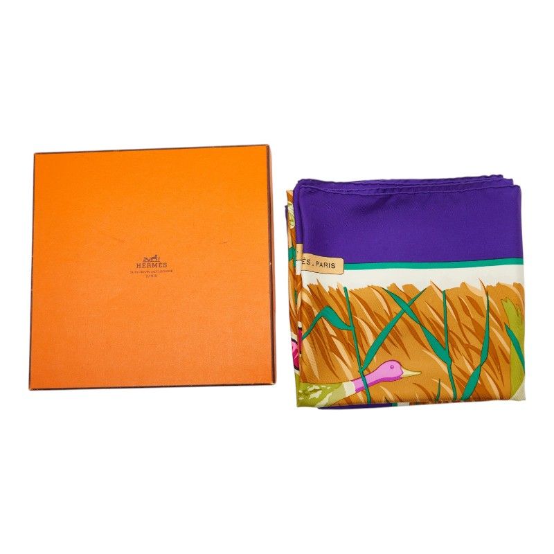 Hermes Cols Verts Mallard Duck Bird Scarf Purple Beige Silk — view 7