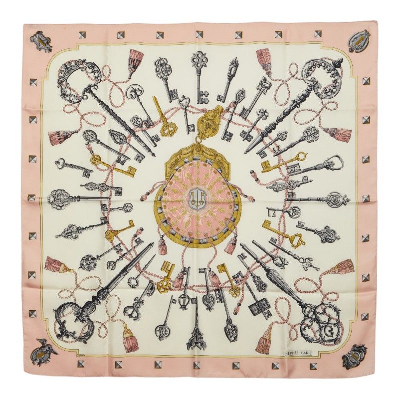 Hermes Carre 90 les Cles the Keys Rare Key Pattern Scarf Large Pink White Silk