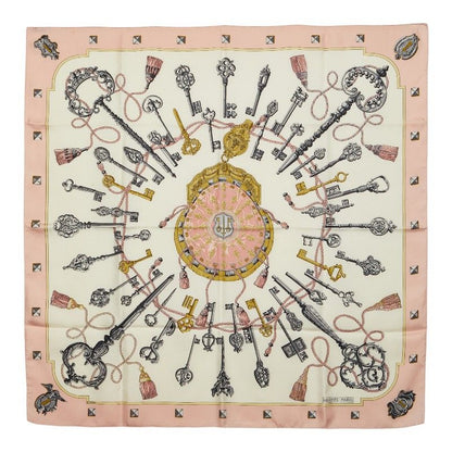Hermes Carre 90 les Cles the Keys Rare Key Pattern Scarf Large Pink White Silk