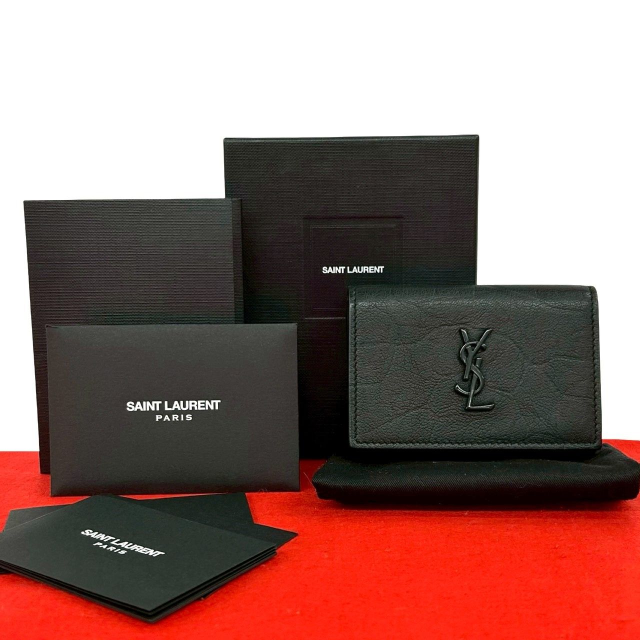 Saint Laurent Box Paris YSL Logo Leather Trifold Wallet Mini Black