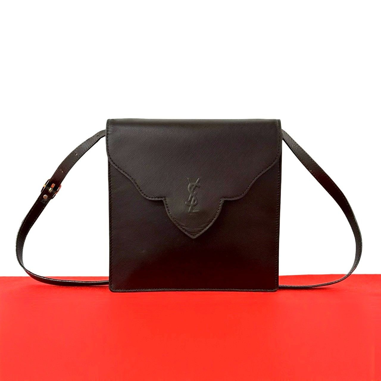 Saint Laurent Yves Vintage YSL Logo Leather Shoulder Bag Pochette Brown