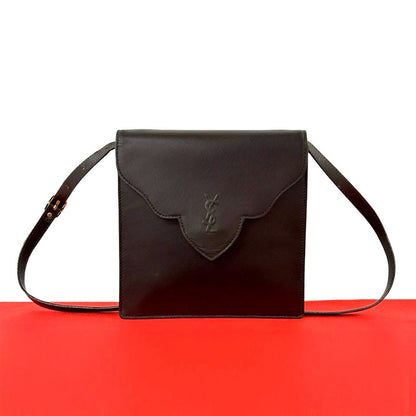 Saint Laurent Yves Vintage YSL Logo Leather Shoulder Bag Pochette Brown