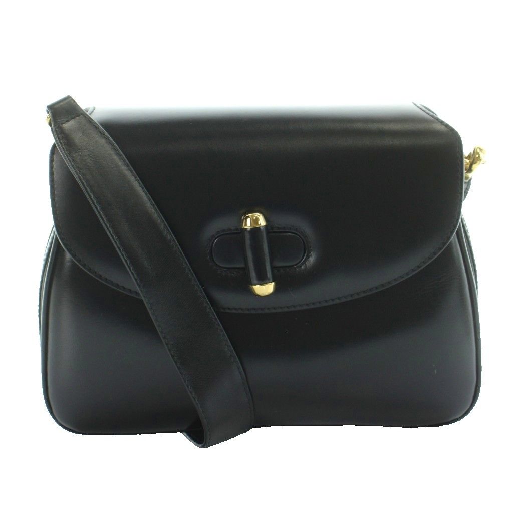 Gucci Vintage Shoulder Bag Box Calf Leather Turnlock Black MW