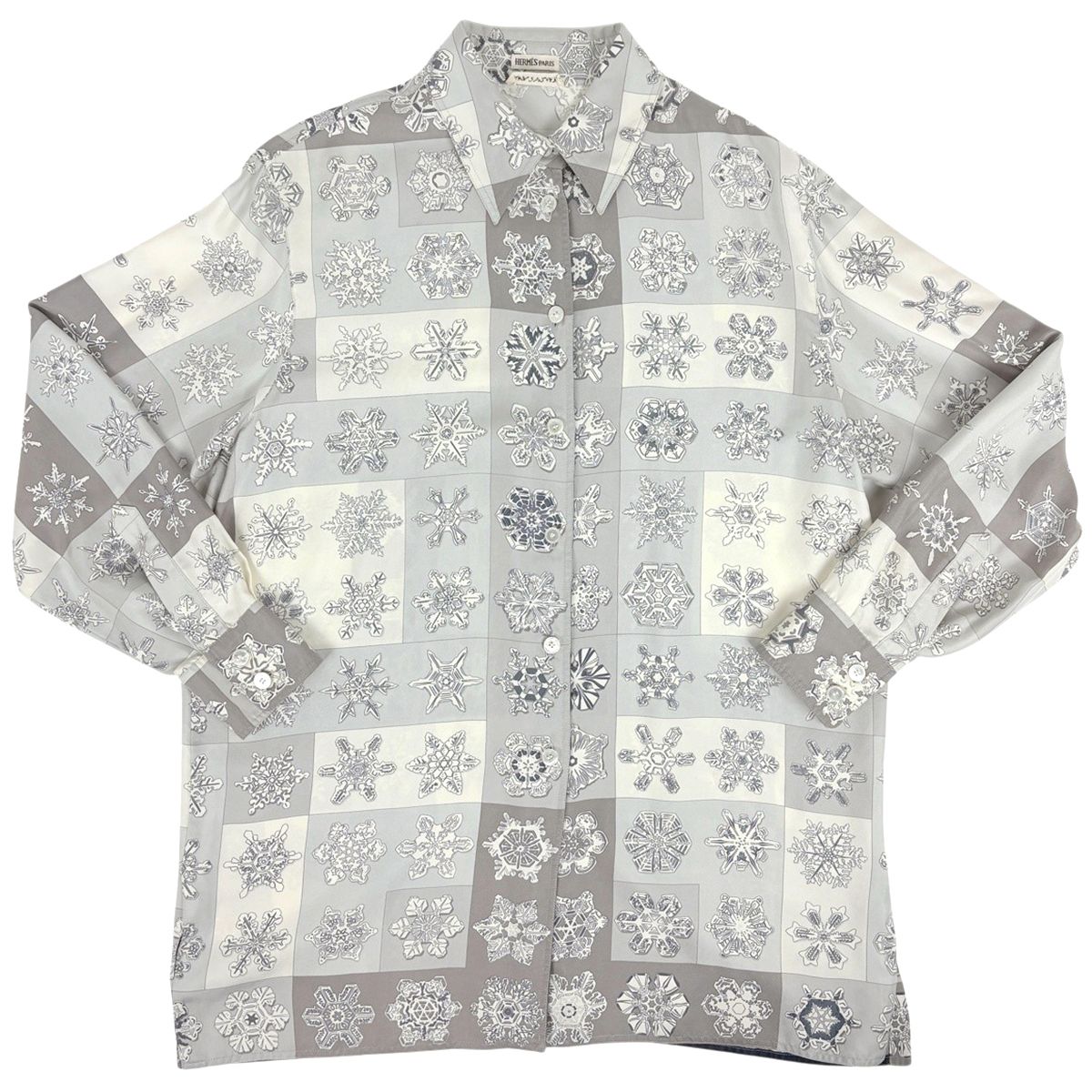 Hermes Long Sleeve Shirt Snowflake Top Long Silk Gray Blue