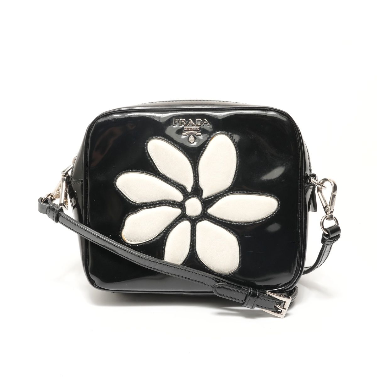 Prada Shoulder Bag Flower Motif Patent Leather