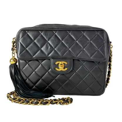 Chanel Shoulder Bag Quilted Black Chain Gold Tassel Flap Pocket Lambskin