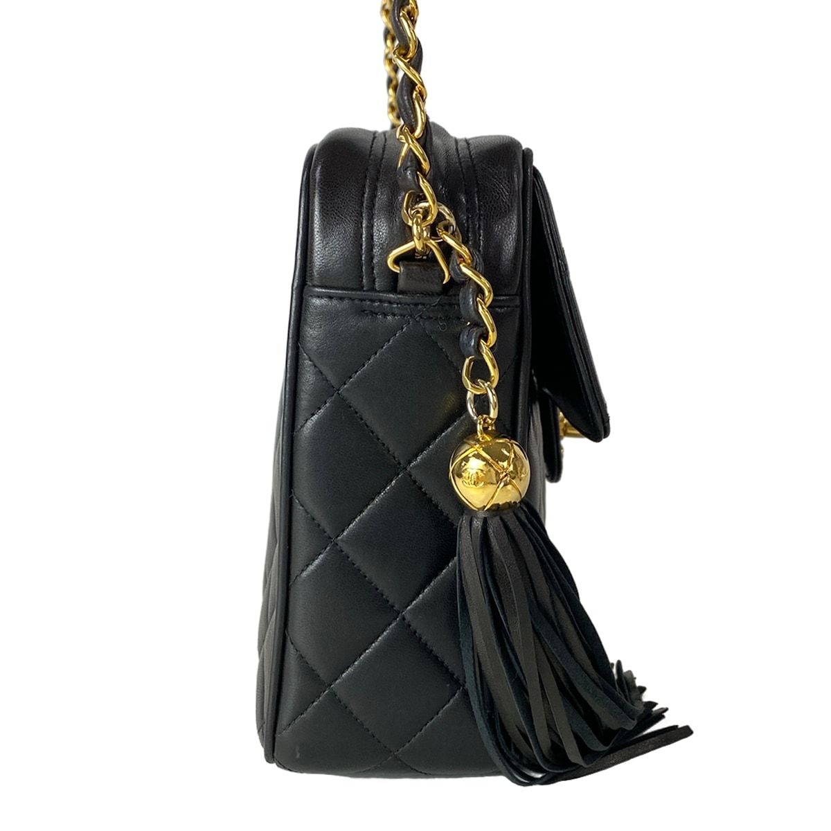 Chanel Shoulder Bag Quilted Black Chain Gold Tassel Flap Pocket Lambskin — view 2