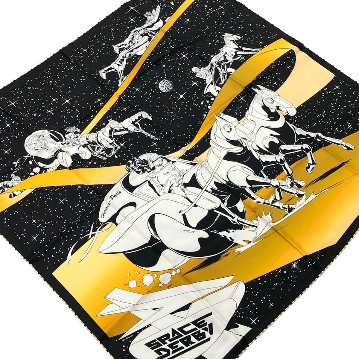 Hermes Scarf Carre 90 Noir Blanc Gold Space Derby