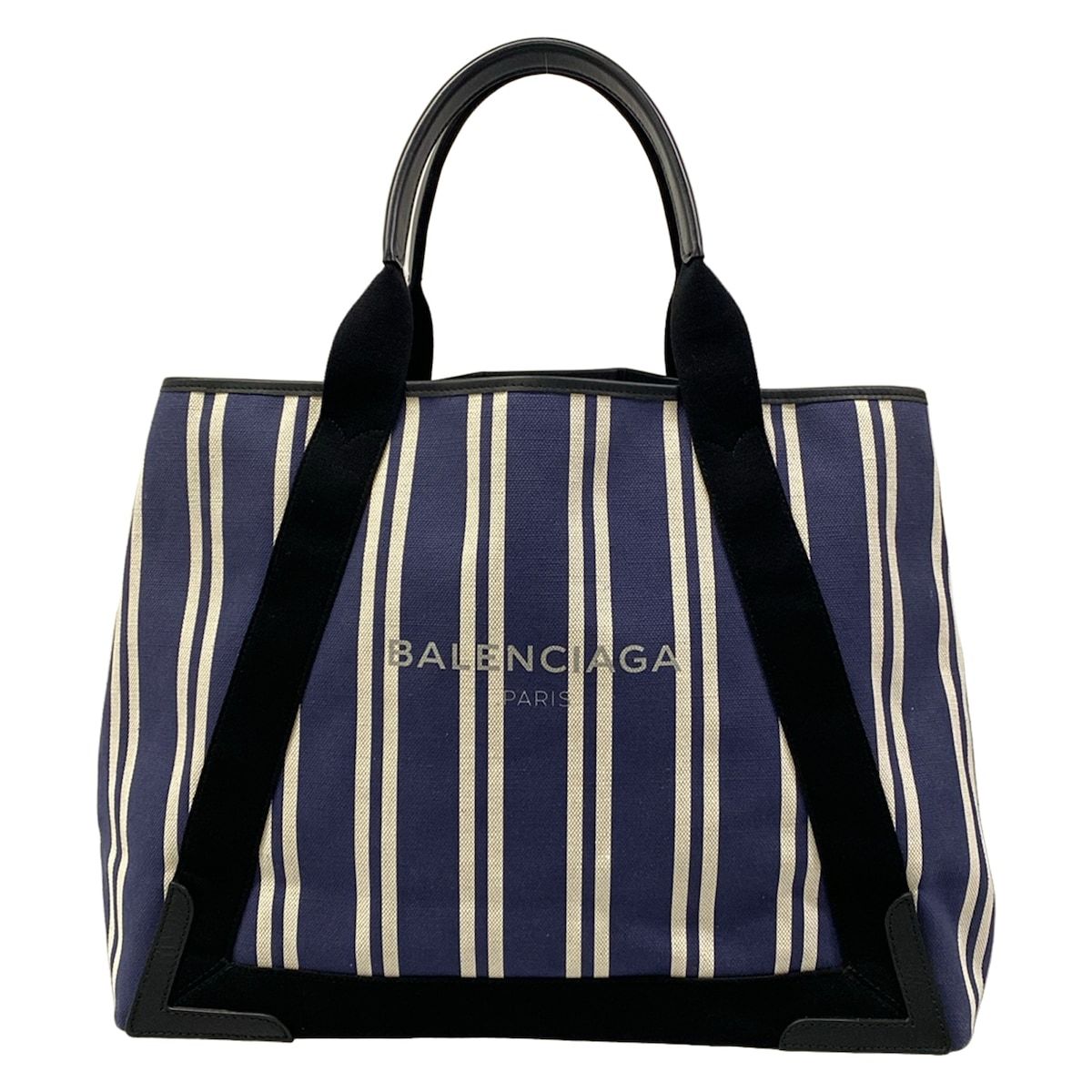 Balenciaga Tote Navy Cabas M White Black Striped Leather