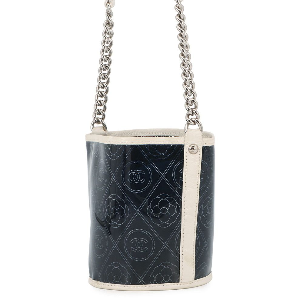 Chanel Chain Shoulder Bag Camellia CC Logo Vinyl Leather Black White — view 2
